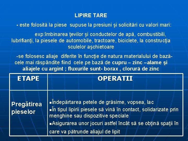 LIPIRE TARE - este folosită la piese supuse la presiuni şi solicitări cu valori