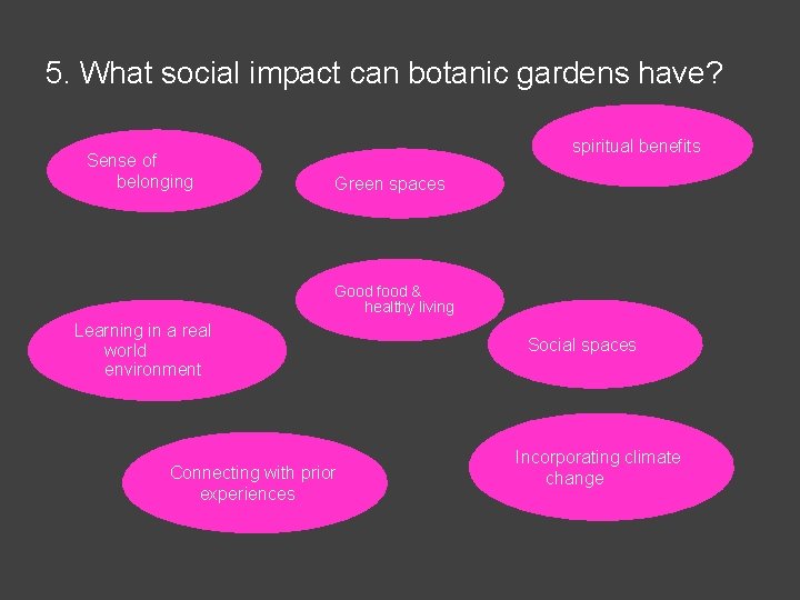 5. What social impact can botanic gardens have? Sense of belonging spiritual benefits Green