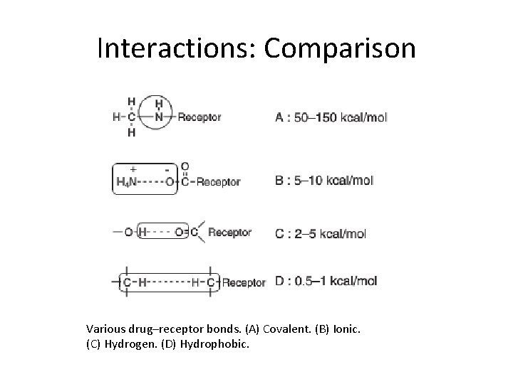 Interactions: Comparison Various drug–receptor bonds. (A) Covalent. (B) Ionic. (C) Hydrogen. (D) Hydrophobic. 