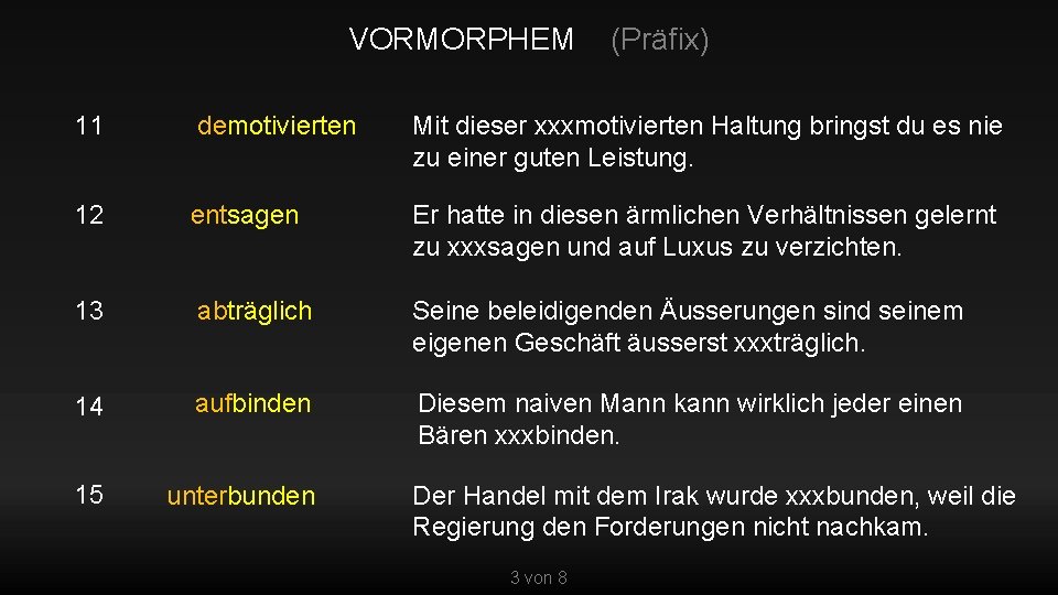 VORMORPHEM (Präfix) 11 demotivierten Mit dieser xxxmotivierten Haltung bringst du es nie zu einer