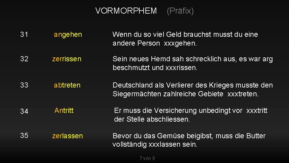 VORMORPHEM (Präfix) 31 angehen Wenn du so viel Geld brauchst musst du eine andere