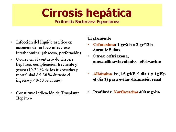 Cirrosis hepática Peritonitis Bacteriana Espontánea • Infección del líquido ascítico en ausencia de un
