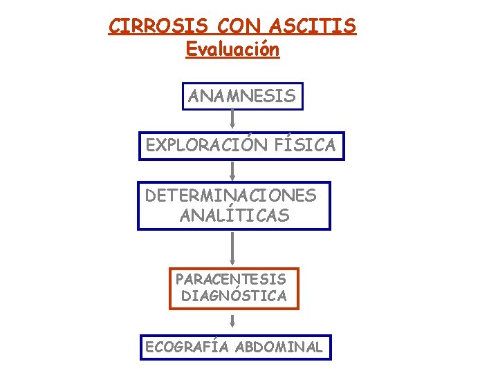 CIRROSIS CON ASCITIS Evaluación ANAMNESIS EXPLORACIÓN FÍSICA DETERMINACIONES ANALÍTICAS PARACENTESIS DIAGNÓSTICA ECOGRAFÍA ABDOMINAL 