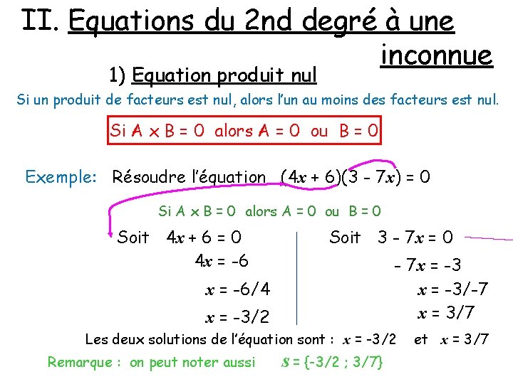 II. Equations du 2 nd degré à une inconnue 1) Equation produit nul Si