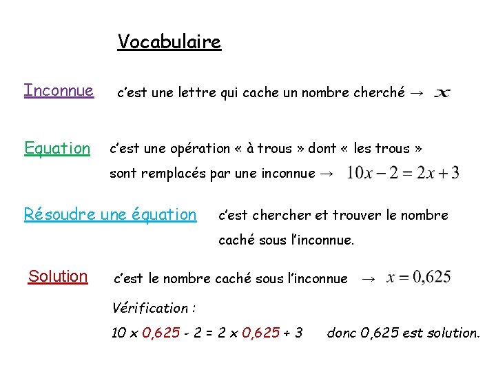 Vocabulaire Inconnue c’est une lettre qui cache un nombre cherché → Equation c’est une