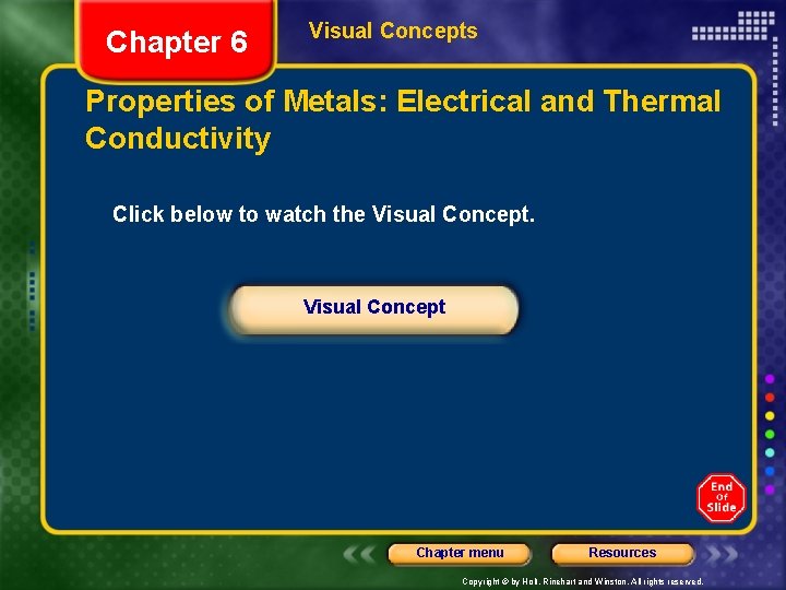Chapter 6 Visual Concepts Properties of Metals: Electrical and Thermal Conductivity Click below to