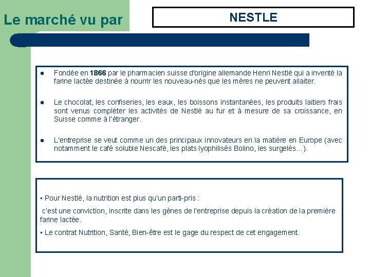 Le marché vu par NESTLE l Fondée en 1866 par le pharmacien suisse d'origine