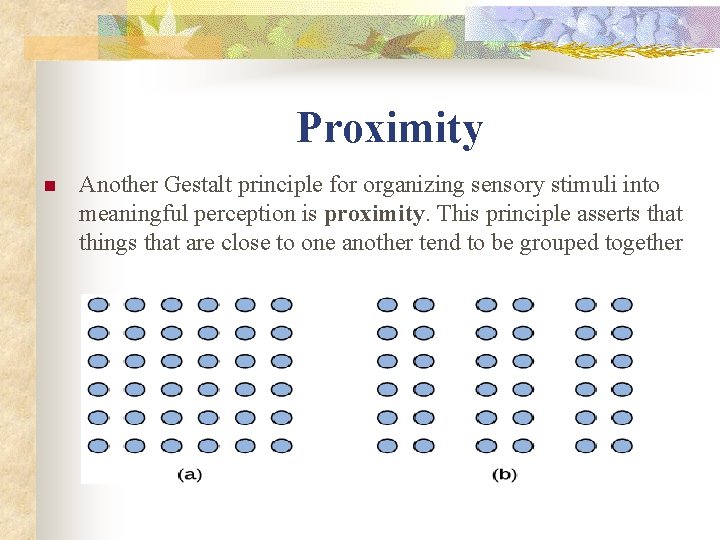 Proximity n Another Gestalt principle for organizing sensory stimuli into meaningful perception is proximity.