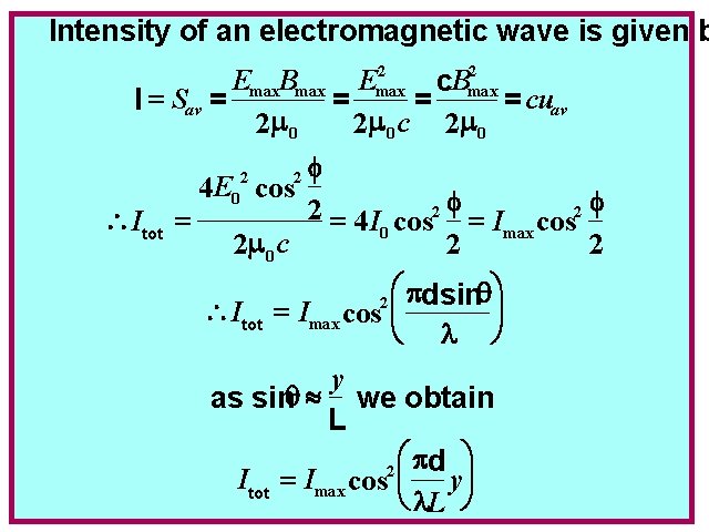 Intensity of an electromagnetic wave is given b 2 2 Emax. Bmax Emax c.