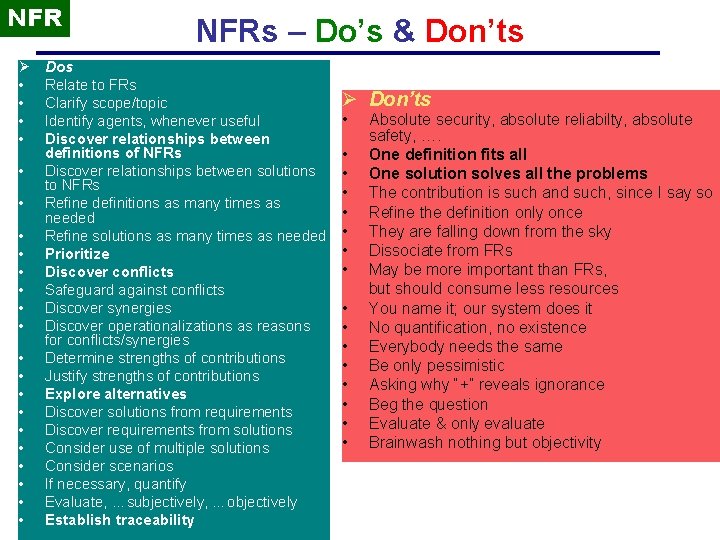 NFR Ø • • • • • • NFRs – Do’s & Don’ts Dos