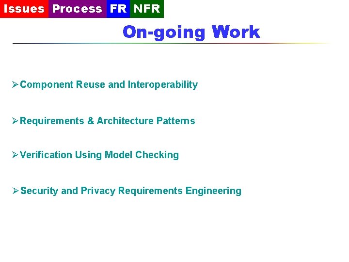 Issues Process FR NFR On-going Work ØComponent Reuse and Interoperability ØRequirements & Architecture Patterns