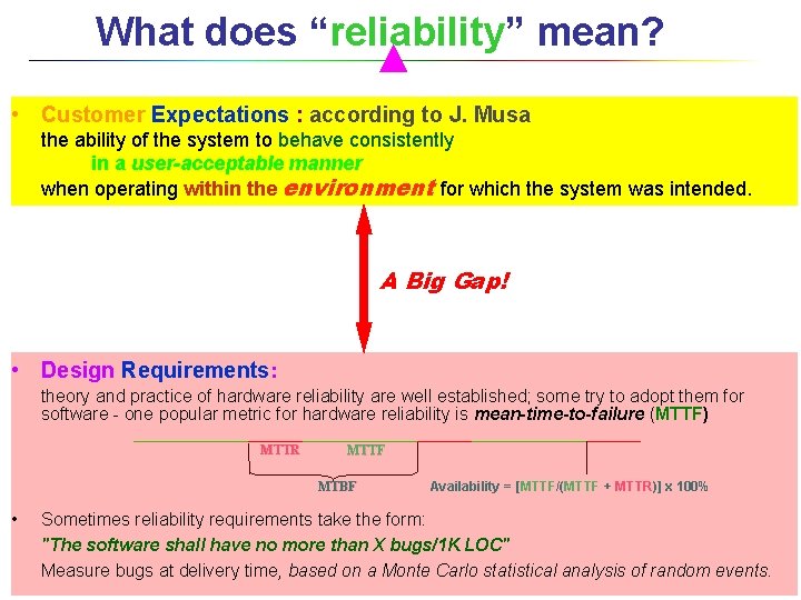 What does “reliability” mean? • Customer Expectations : according to J. Musa the ability