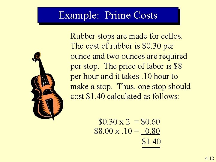 Example: Prime Costs Rubber stops are made for cellos. The cost of rubber is