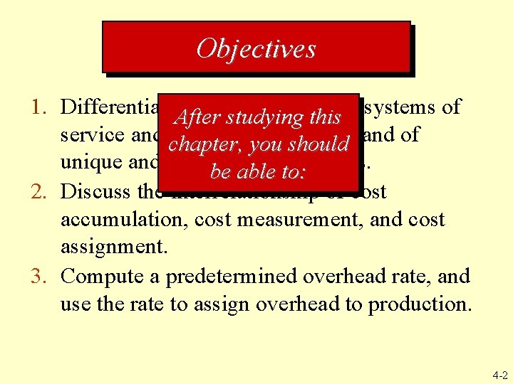 Objectives 1. Differentiate. After the cost accounting studying this systems of service and chapter,