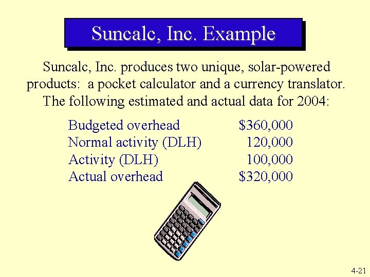 Suncalc, Inc. Example Suncalc, Inc. produces two unique, solar-powered products: a pocket calculator and