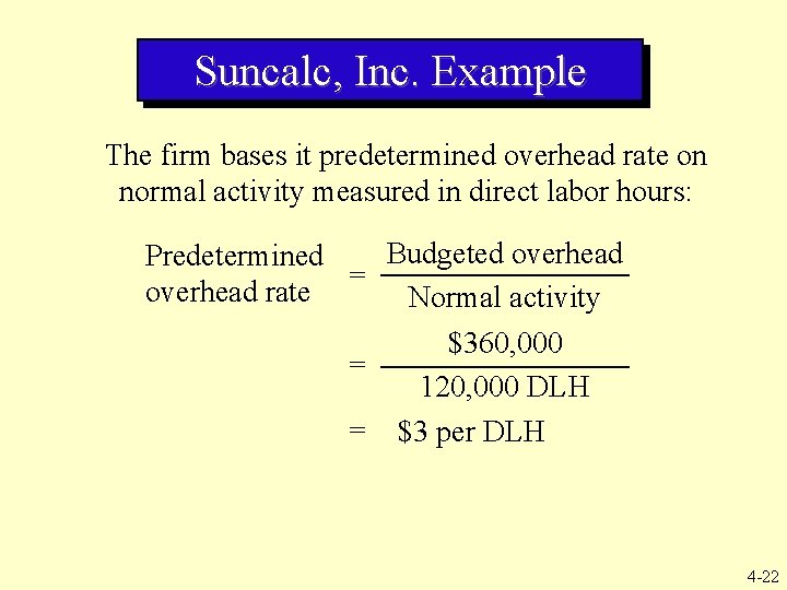 Suncalc, Inc. Example The firm bases it predetermined overhead rate on normal activity measured