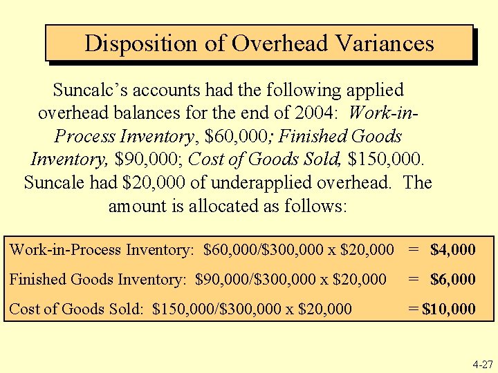 Disposition of Overhead Variances Suncalc’s accounts had the following applied overhead balances for the