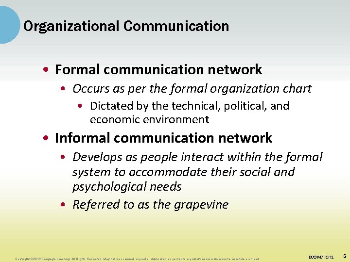 Organizational Communication • Formal communication network • Occurs as per the formal organization chart Organizational Communication • Formal communication network • Occurs as per the formal organization chart