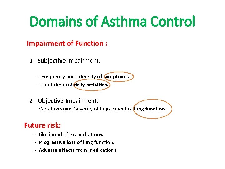 Domains of Asthma Control Impairment of Function : 1 - Subjective Impairment: - Frequency