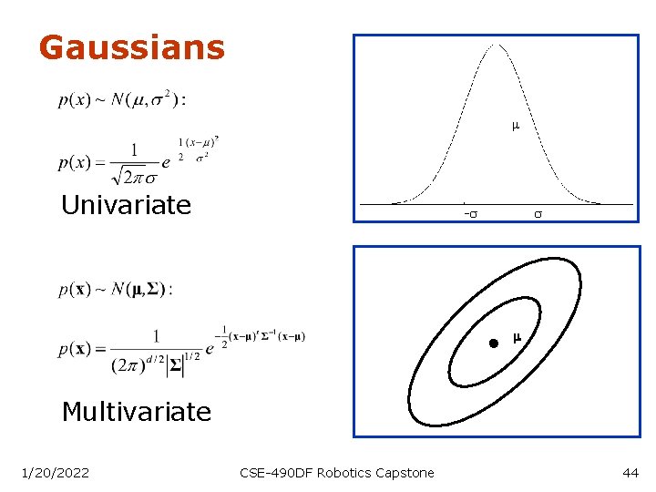 Gaussians m Univariate -s s m Multivariate 1/20/2022 CSE-490 DF Robotics Capstone 44 