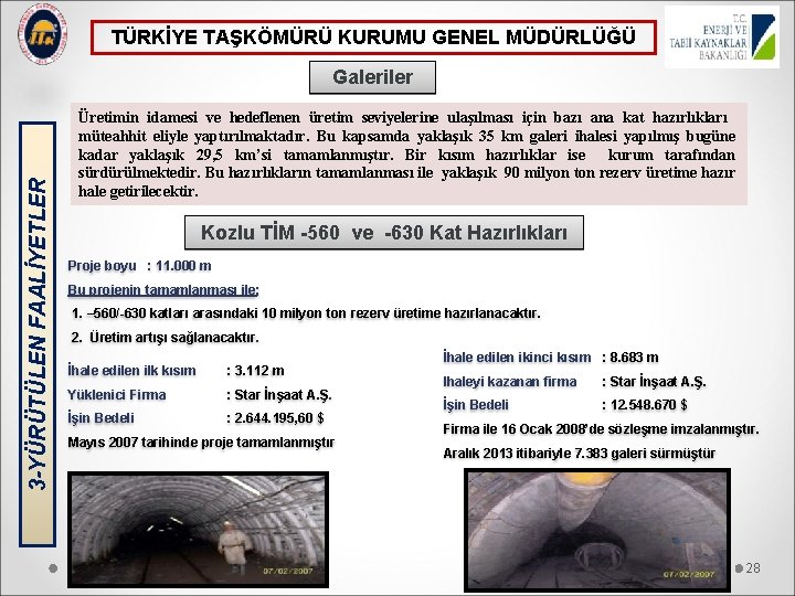 TÜRKİYE TAŞKÖMÜRÜ KURUMU GENEL MÜDÜRLÜĞÜ 3 -YÜRÜTÜLEN FAALİYETLER Galeriler Üretimin idamesi ve hedeflenen üretim