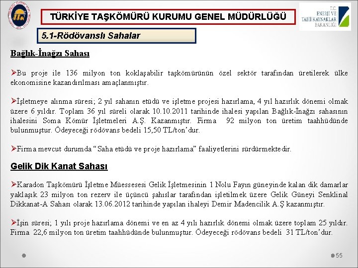 TÜRKİYE TAŞKÖMÜRÜ KURUMU GENEL MÜDÜRLÜĞÜ 5. 1 -Rödövanslı Sahalar Bağlık-İnağzı Sahası ØBu proje ile