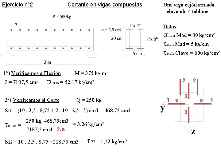 Ejercicio n° 2 Cortante en vigas compuestas Una viga cajón armada clavando 4 tablones