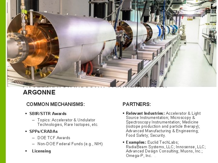 ACCELERATOR-INDUSTRY PARTNERSHIPS AT ARGONNE COMMON MECHANISMS: PARTNERS: § SBIR/STTR Awards – Topics: Accelerator &