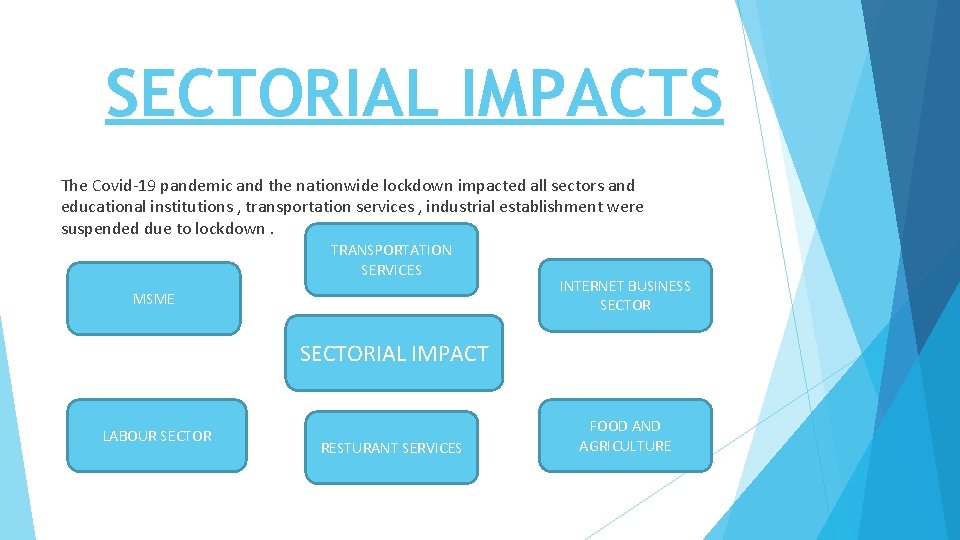 SECTORIAL IMPACTS The Covid-19 pandemic and the nationwide lockdown impacted all sectors and educational