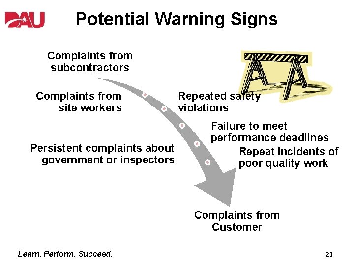 Potential Warning Signs Complaints from subcontractors Complaints from site workers Persistent complaints about government