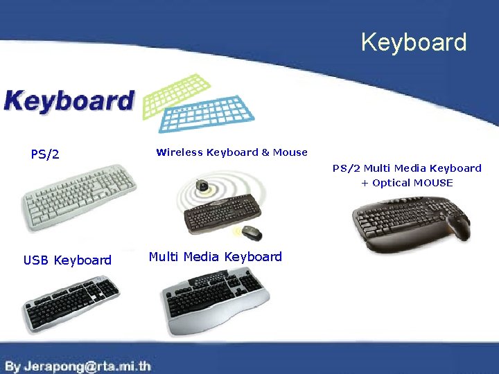 Keyboard PS/2 Wireless Keyboard & Mouse PS/2 Multi Media Keyboard + Optical MOUSE USB