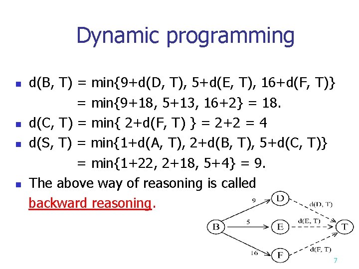 Dynamic programming n n d(B, T) = min{9+d(D, T), 5+d(E, T), 16+d(F, T)} = Dynamic programming n n d(B, T) = min{9+d(D, T), 5+d(E, T), 16+d(F, T)} =