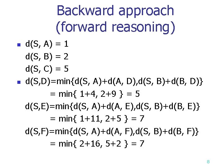 Backward approach (forward reasoning) n n d(S, A) = 1 d(S, B) = 2 Backward approach (forward reasoning) n n d(S, A) = 1 d(S, B) = 2