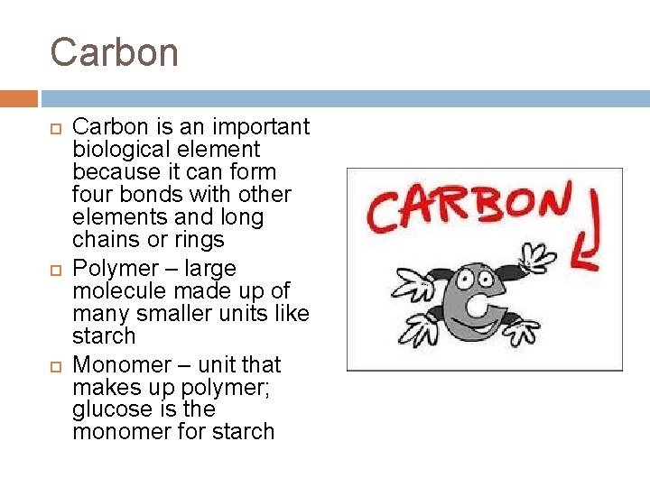 Carbon Carbon is an important biological element because it can form four bonds with