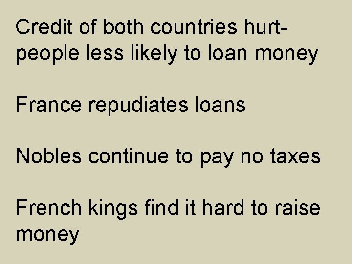 Credit of both countries hurtpeople less likely to loan money France repudiates loans Nobles