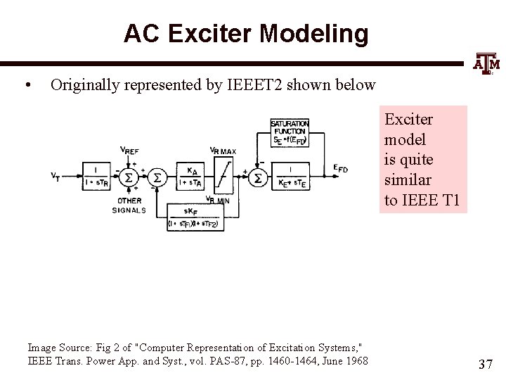 AC Exciter Modeling • Originally represented by IEEET 2 shown below Exciter model is