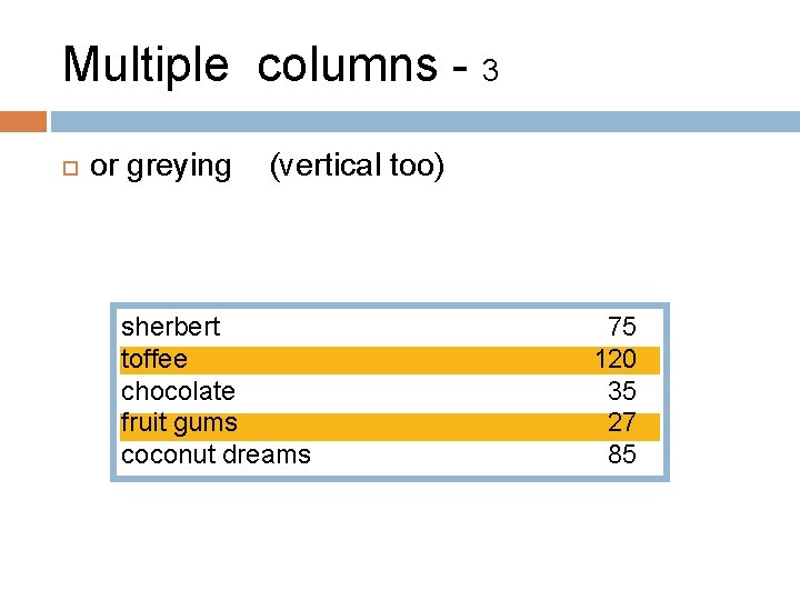 Multiple columns - 3 or greying (vertical too) sherbert toffee chocolate fruit gums coconut