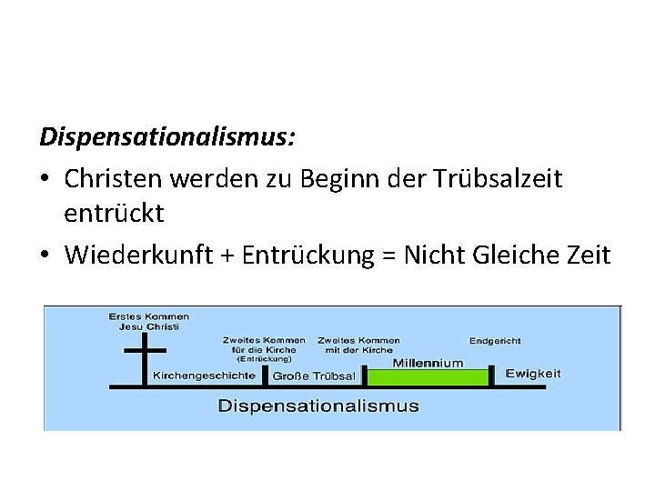 Dispensationalismus: • Christen werden zu Beginn der Trübsalzeit entrückt • Wiederkunft + Entrückung =