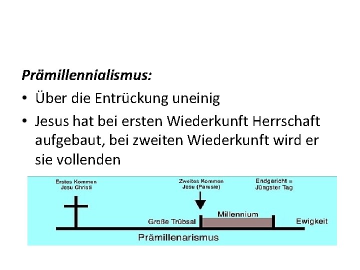 Prämillennialismus: • Über die Entrückung uneinig • Jesus hat bei ersten Wiederkunft Herrschaft aufgebaut,