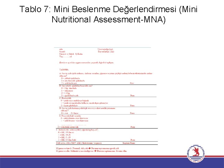 Tablo 7: Mini Beslenme Değerlendirmesi (Mini Nutritional Assessment-MNA) 