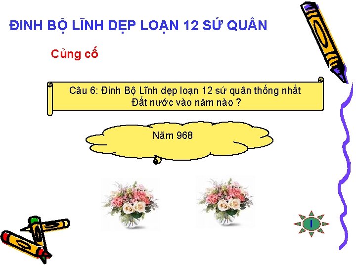 ĐINH BỘ LĨNH DẸP LOẠN 12 SỨ QU N Củng cố Câu 6: Đinh