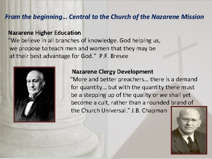 From the beginning… Central to the Church of the Nazarene Mission Nazarene Higher Education