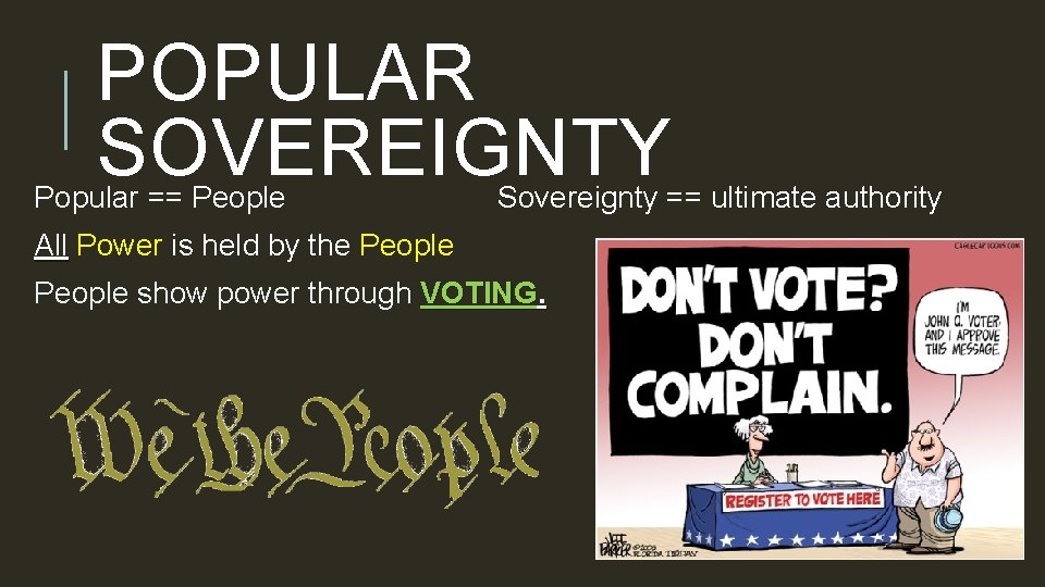 POPULAR SOVEREIGNTY Popular == People Sovereignty == ultimate authority All Power is held by