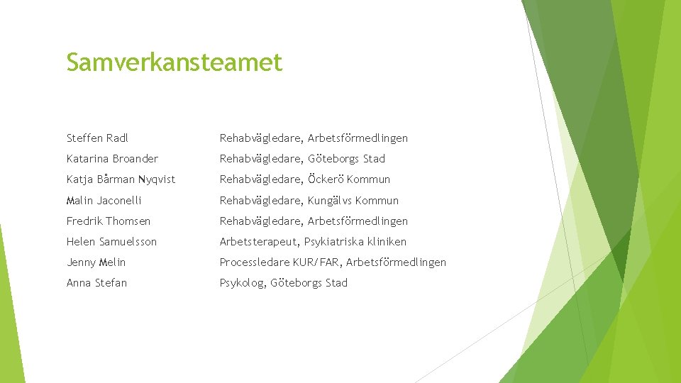 Samverkansteamet Steffen Radl Rehabvägledare, Arbetsförmedlingen Katarina Broander Rehabvägledare, Göteborgs Stad Katja Bårman Nyqvist Rehabvägledare,