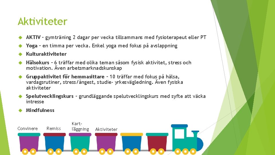Aktiviteter AKTIV – gymträning 2 dagar per vecka tillsammans med fysioterapeut eller PT Yoga
