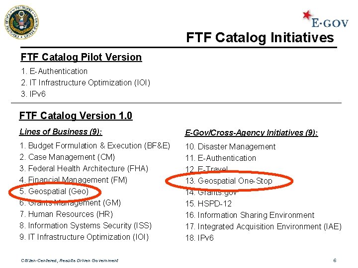 FTF Catalog Initiatives FTF Catalog Pilot Version 1. E-Authentication 2. IT Infrastructure Optimization (IOI)