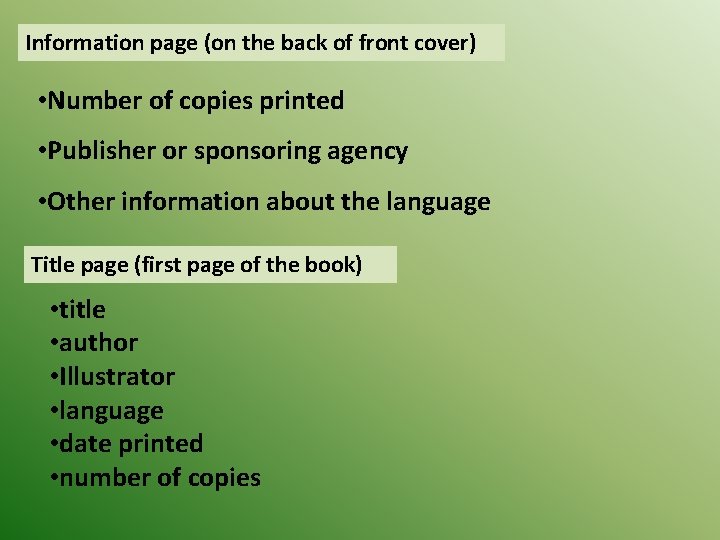 Information page (on the back of front cover) • Number of copies printed •