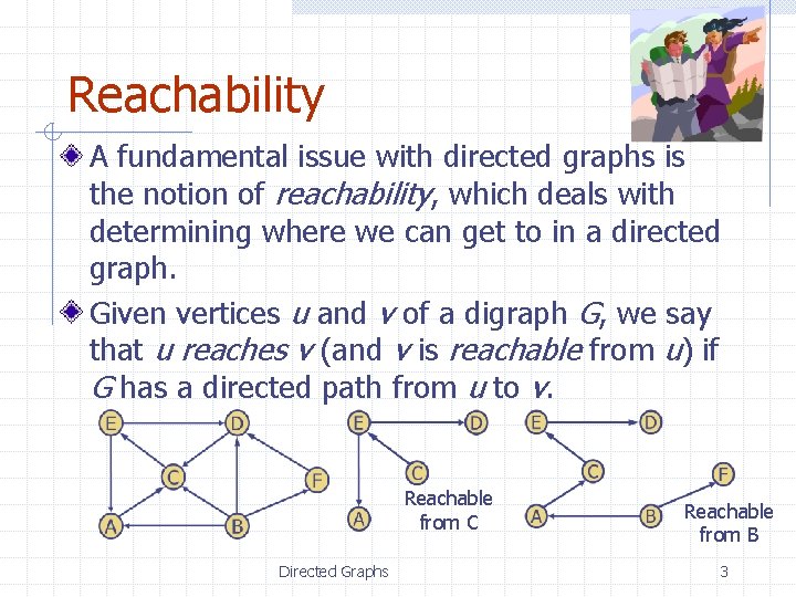 Reachability A fundamental issue with directed graphs is the notion of reachability, which deals