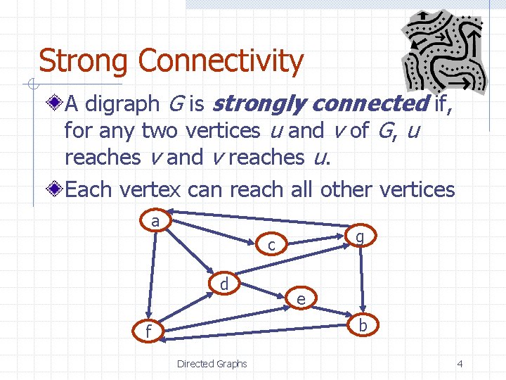 Strong Connectivity A digraph G is strongly connected if, for any two vertices u