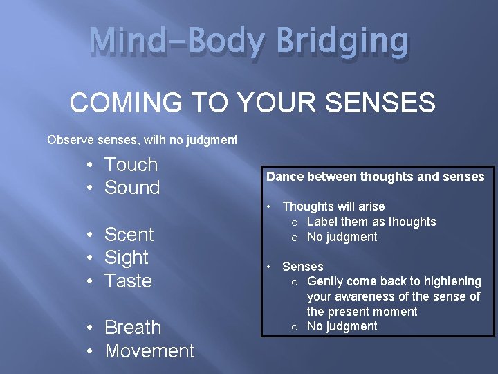 Mind-Body Bridging COMING TO YOUR SENSES Observe senses, with no judgment • Touch •